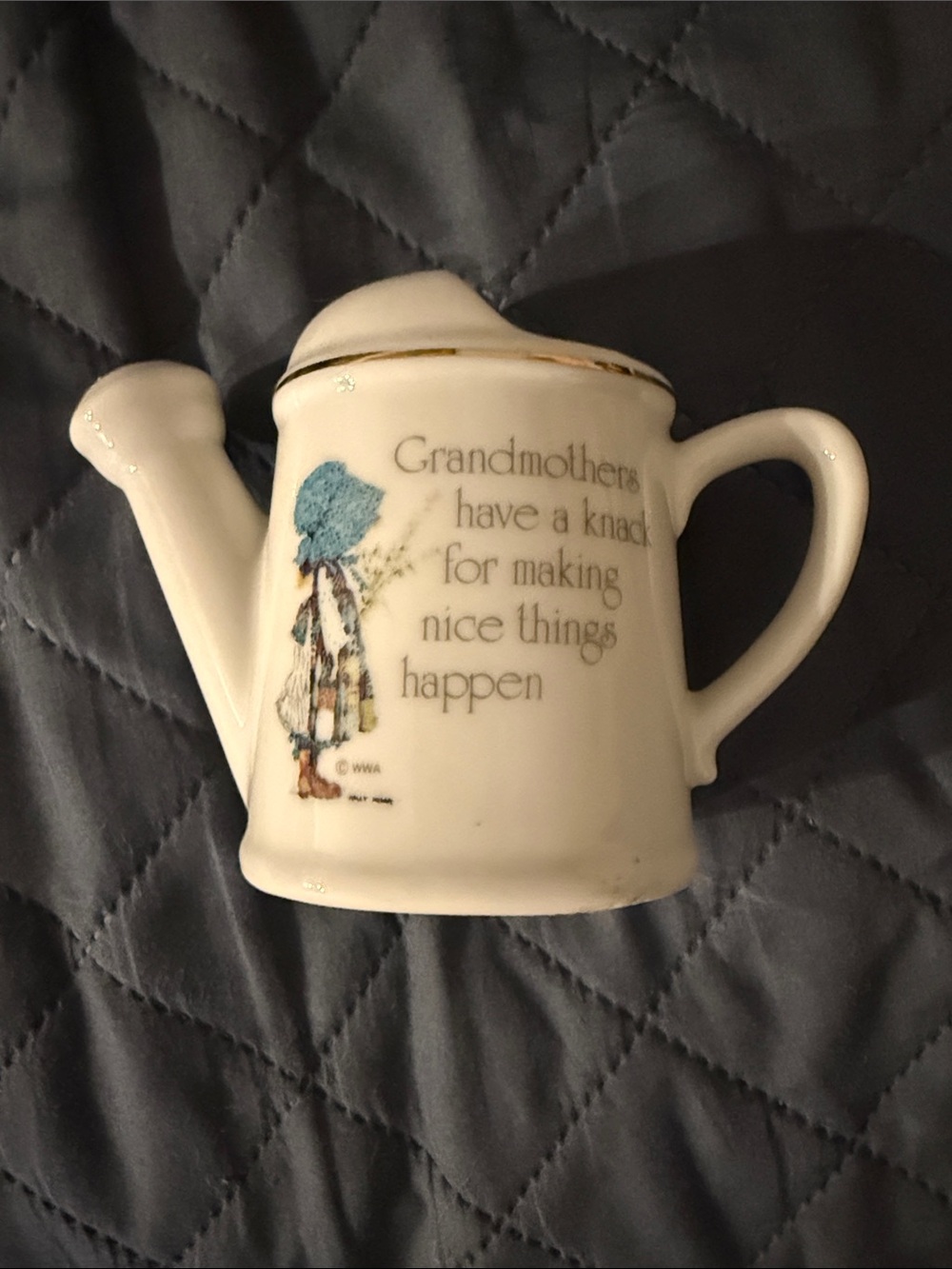 Holly Hobbie Ceramic Grandmother Watering Can Decor - White with Blue Accent